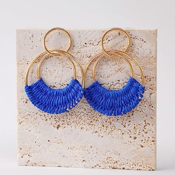 Blue Woven Raffia Gold Hoop Earrings Wicker Hoops Links Post Vacation Style New - Picture 3 of 6